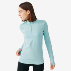 Kalenji T-shirt Manches Longues Chaud Running Femme - Zip Warm Bleu Clair